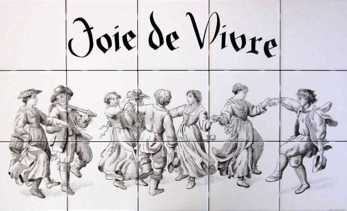 Black and grey toned scene featuring Joie de Vivre inscription and early 18th century peasants dancing.
