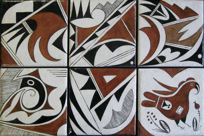Hand painted representation of beautiful traditional Southwetern Pueblo Indian tribal patterns, darker colors, designs by artist Julia Sweda.