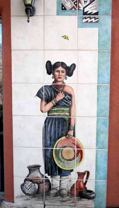 Santa Fe Style Home Pottery Exterior Tile Art. Unmarried Hopi maiden in traditional garb with handwoven basket and pottery pieces. Hand painted by artist Julia Sweda.