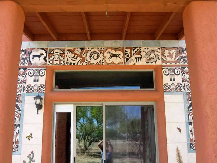 Artist Julia Sweda Studio Entrance, Native American hieroglyphics and Southwest Pueblo Indian pottery designs, symbols.