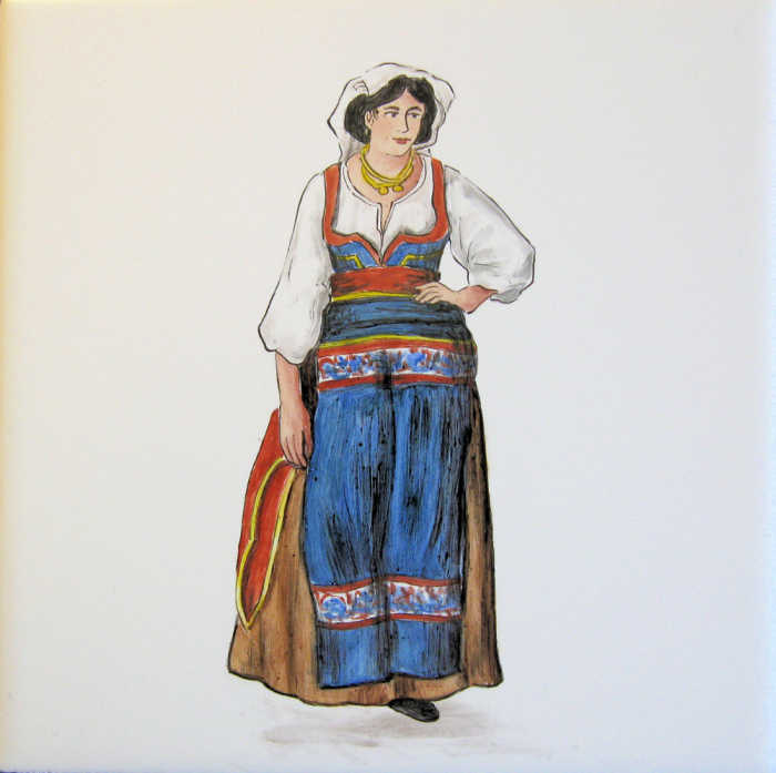 Italy Mountain Dweller Woman or Mountain People. Tile art portrait based on Auguste Racinet illustration. Artist Julia Sweda.