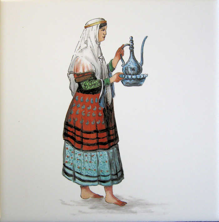 Persian Household Service Woman preparing to serve coffee or tea. Tile art portrait based on Auguste Racinet illustration. Artist Julia Sweda.
