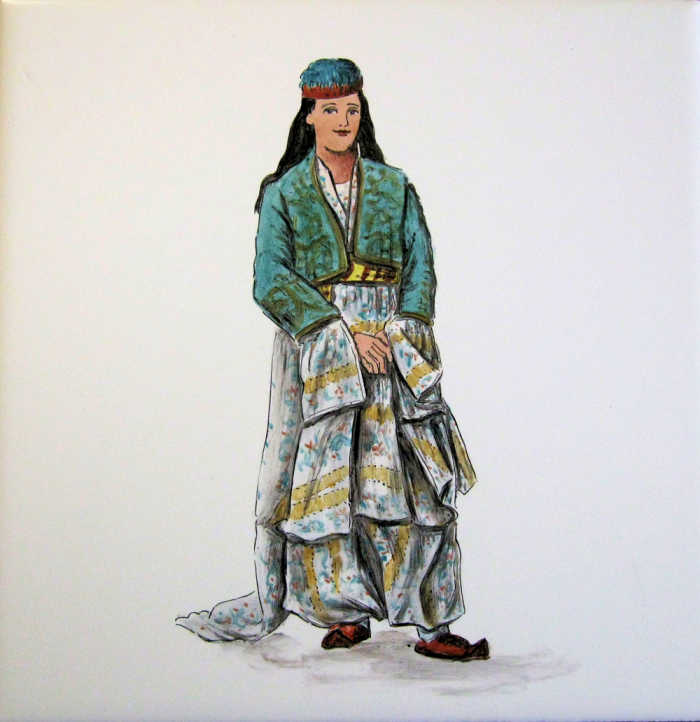 Turkey Asiatic Turkoman Woman in fine ornate garb. Tile art portrait based on Auguste Racinet illustration. Artist Julia Sweda.