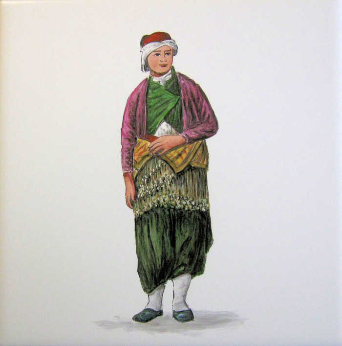 Turkey Asiatic Turkoman Man in ornate manly garb. Tile art portrait based on Auguste Racinet illustration. Artist Julia Sweda.