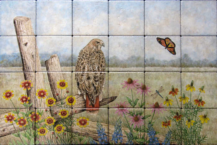 Wild bird portrait of Red-tailed hawk including native Texas wildflowers, Monarch butterfly, green darner and carpenter bee. Artist Julia Sweda.
