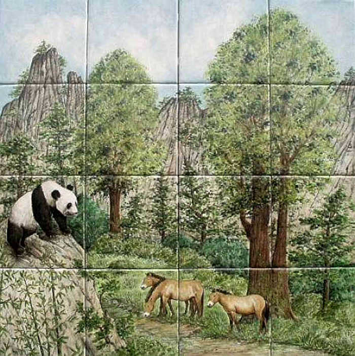 Giant panda bear in bamboo and ginkgo tree forest with Przewalskis horses.