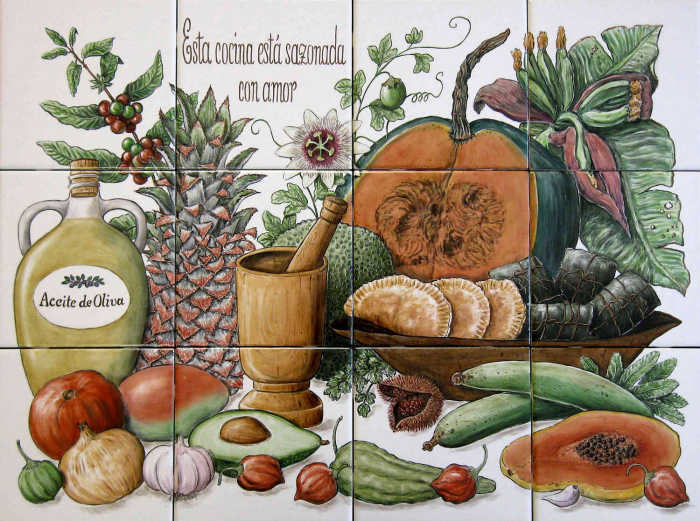 Cookies Puerto Rican Bounty with olive oil, spices, fruits, vegetables used in Puerto Rican cooking and cuisine. Backsplash tile mural painted by Julia Sweda.