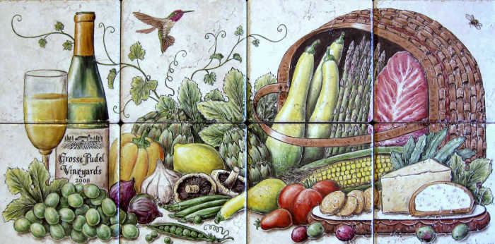 Blacks Italian Bounty, white wine with bread, crackers and Parmesan cheese, overflowing basket of regional organic garden produce. Painted tile mural by Julia Sweda.