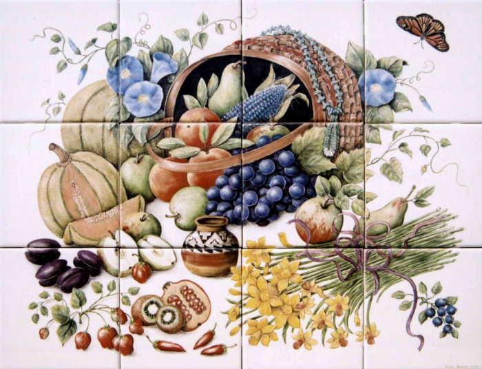 New Mexico Harvest Basket, foods, spices of the Albuquerque region with Southwestern Pueblo pottery and turquoise jewelry accents. Painted tile mural by Julia Sweda.