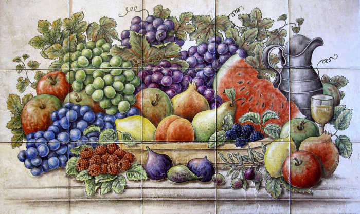 Dons Cornucopia Fruit Harvest, features a wide variety of fruits, grapes, berries and white wine filled silver serving pitcher. Backsplash tile mural painted by Julia Sweda.