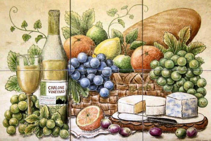 Chalone Vineyard Bread Wine Cheese Citrus Old World Style Still Life, white wine with basket of white grape clusters, citrus fruits and bread, platter of Gorgonzola and Brie cheeses. Artist Julia Sweda.