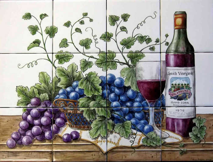 Spaich Vineyards Grapes Wine Art Old World Style Still Life, bottle of red wine with purple and blue grape clusters in ornate, decorative wicker basket. Artist Julia Sweda.
